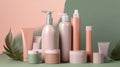 Set of cosmetic products on a color background. Cosmetic package collection for cream, soups, foams, shampoo. Generative ai