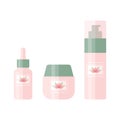 Set of cosmetic products like cleansing foam, face serum and cream. Bottles for a skin care decorated with lotus flower logo