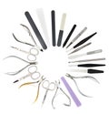 Set of cosmetic tools for manicure and pedicure isolated on a white background. Nail files, manicure scissors, pusher and clippers Royalty Free Stock Photo