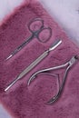 A set of cosmetic tools for manicure and pedicure stand on a pink fluffy notebook for recording clients. tweezers, scissors and