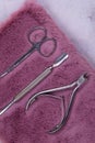 A set of cosmetic tools for manicure and pedicure stand on a pink fluffy notebook for recording clients. tweezers, scissors and