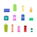 A set of cosmetics. Bottles of shampoo, balm, cream, tonic, mask. Icons in a flat style