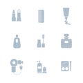 Set of cosmetics icons. Includes symbols such as lipstick, mascara, perfume, deodorant, comb, hair dryer, cream.