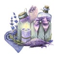 A set of cosmetics in a wooden box with sea salt for baths and candles. Watercolor illustration. The composition of a Royalty Free Stock Photo