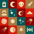 Set Cosmic ship, Satellite, UFO flying spaceship, Alien, Solar system, Astronaut, Planet and Moon and stars icon. Vector Royalty Free Stock Photo