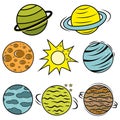 A set of cosmic vectors - comet, planet, moon, sun, star. Vector illustration in cartoon style. Royalty Free Stock Photo