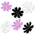 Set of cosmos flower branch vector simple illustration isolated on white background. Black outline hand drawn sketch and Royalty Free Stock Photo