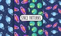 Set of cosmos seamless space pattern background with planets with rings. Collection of solar system planets children wallpaper