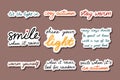 Set of cosy hand drawn autumn lettering sticker pack. Warm fall handwritten phrases on the notebook sheets. Bundle of