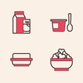 Set Cottage cheese, Paper package for kefir, Yogurt container with spoon and Butter butter dish icon. Vector