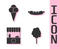 Set Cotton candy, Ice cream in waffle cone, Street stall with awning and Hotdog sandwich icon. Vector