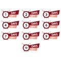 Set of countdowns. Ten red timers. Bold text numbers. Days left icons.