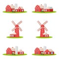 Set of country house with red mill, farm barn and granary building on green farm field plot cartoon vector illustration, isolated Royalty Free Stock Photo