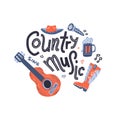 Country music print for postcards or festival banners. Vector hand drawn illustration in flat doodle style. Guitar with written Royalty Free Stock Photo