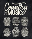 Set with Country Music lettering quotes for festival live event poster Concept. Textured Illustration. Funny slogans for cowboy Royalty Free Stock Photo
