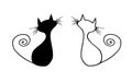 Set of couples with Black and white silhouette of seated cats, with curled tails isolated on a white background. Hand