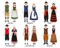 A set of couples in folk costumes of European countries. Austria, Germany, Spain, the Netherlands, Belgium, Switzerland.