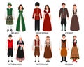 A set of couples in folk costumes of European countries. Ireland, Iceland, Great Britain, the Netherlands, Belgium, Switzerland.