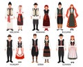 A set of couples in folk costumes of European countries. Moldova, Romania, Bulgaria, Serbia, Hungary, Slovakia. Culture