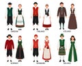 A set of couples in folk costumes of European countries. Sweden, Finland, Denmark, Norway, Iceland, Ireland. Culture