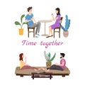 Set of couples in love on daily life or everyday routine scenes of young romantic relationship. Spending time or