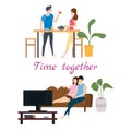 Set of couples in love on daily life or everyday routine scenes of young romantic relationship. Spending time or