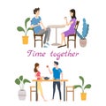 Set of couples in love on daily life or everyday routine scenes of young romantic relationship. Spending time or