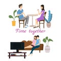 Set of couples in love on daily life or everyday routine scenes of young romantic relationship. Spending time or