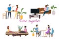 Set of couples in love on daily life or everyday routine scenes of young romantic relationship. Spending time or