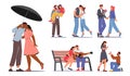 Set Couples in Love. Loving Man and Woman Kissing under Umbrella, Girl Getting Flower Bouquet, Proposal, Serenade