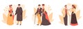 Set of couples of Victorian era, flat vector illustration isolated on white background.
