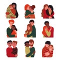 Set of couples young people hugging. Traditional, same-sex couples, multinational couples. Vector illustration in the style of