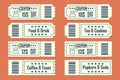 Set of coupons ticket card front and back in a flat design. Food and drink, coffee and toast, tea and cookies, popkorn and soda Royalty Free Stock Photo