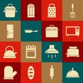 Set Covered with tray of food, Toaster, Microwave oven, Grater, Frying pan, Refrigerator, Cooking pot and icon. Vector