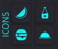 Set Covered with tray of food, Watermelon, Sauce bottle and Burger icon. Black square button. Vector Royalty Free Stock Photo