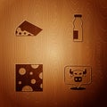 Set Cow head, Cheese, and Drinking yogurt in bottle on wooden background. Vector