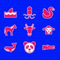 Set Cow head, Cute panda face, Crocodile, Sheep, Whale, Horse, Swan bird and Shark fin in ocean wave icon. Vector Royalty Free Stock Photo