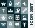 Set Cow head, Eagle, Fish skeleton, Whale, Shark fin in ocean wave, Giraffe, Butterfly and Macaw parrot icon. Vector