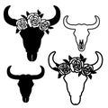 Set of cow skull silhouette with flowers on head. Vector print art black graphic illustration isolated on white