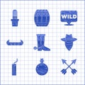 Set Cowboy boot, Canteen water bottle, Crossed arrows, Dynamite bomb, Kayak or canoe and paddle, Pointer to wild west Royalty Free Stock Photo
