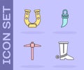 Set Cowboy boot, Horseshoe, Pickaxe and Tooth icon. Vector Royalty Free Stock Photo