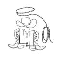 Set of cowboy boots hat, rope lasso. Vector stock illustration eps10. Isolate on white background, outline, hand drawing. Royalty Free Stock Photo