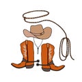 Set of cowboy boots hat, rope lasso. Vector stock illustration eps10. Isolate on white background, outline, hand drawing. Royalty Free Stock Photo