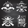 Set of cowboy club badge on chalkboard. Vector. Concept for shirt, logo, print, stamp, tee with cowboy and shotgun