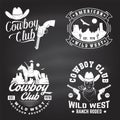 Set of cowboy club badge on chalkboard. Vector. Concept for shirt, logo, print, stamp, tee with cowboy and shotgun