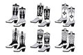 Set of cowgirl boots. Black and white cowgirl boots with decorative details. Various cowgirl boots, stickers. Cowboy western theme