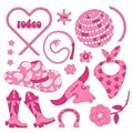 Set Of Cowgirl Stuff In The Wild West. Pink Famale Cowboy Accessories And Attributes - Disco Ball, Boots, Hat. Bright