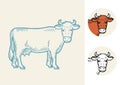 Set of cows. Farm animal. Hand drawn sketch. Vintage style. Color vector illustration Royalty Free Stock Photo