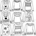 Set of cozy contoured doodle sweaters with patterns and drawings on a winter theme, coloring page of holiday clothes Royalty Free Stock Photo