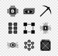 Set CPU mining farm, Cryptocurrency bitcoin, Pickaxe, circuit, Blockchain technology and ASIC Miner icon. Vector Royalty Free Stock Photo